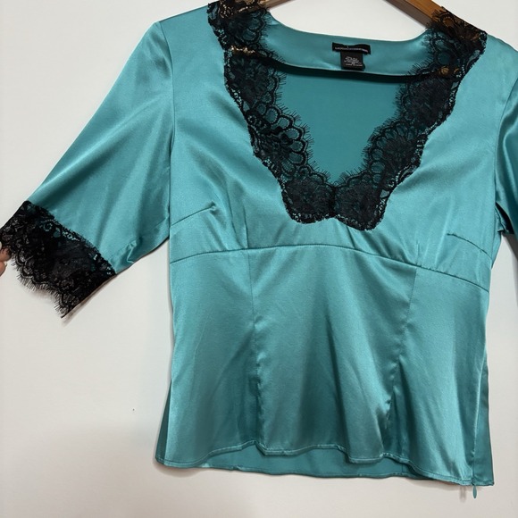 Vintage Y2K Silk & Lace Top M  Turquoise 3/4 Sleeve V-Neck Coquette FairyCore - Picture 6 of 11